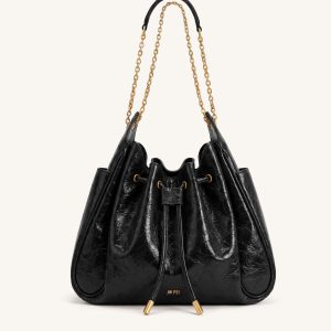 Rowan Ruched Drawstring Chain Bucket Bag - Jet Black