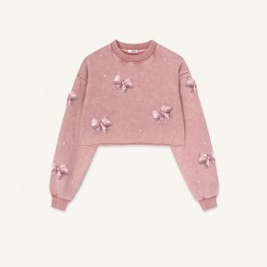 Coquette 3D Satin Bow Pearl Sweatshirt - Vintage Pink - view 1
