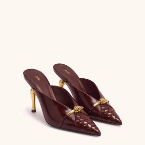 Lena Metal Rope Knot Woven Panel Mules - Burgundy