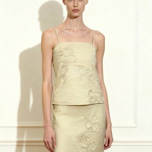 Linen Corded Embroidery Strappy Camisole - Natural - view 1