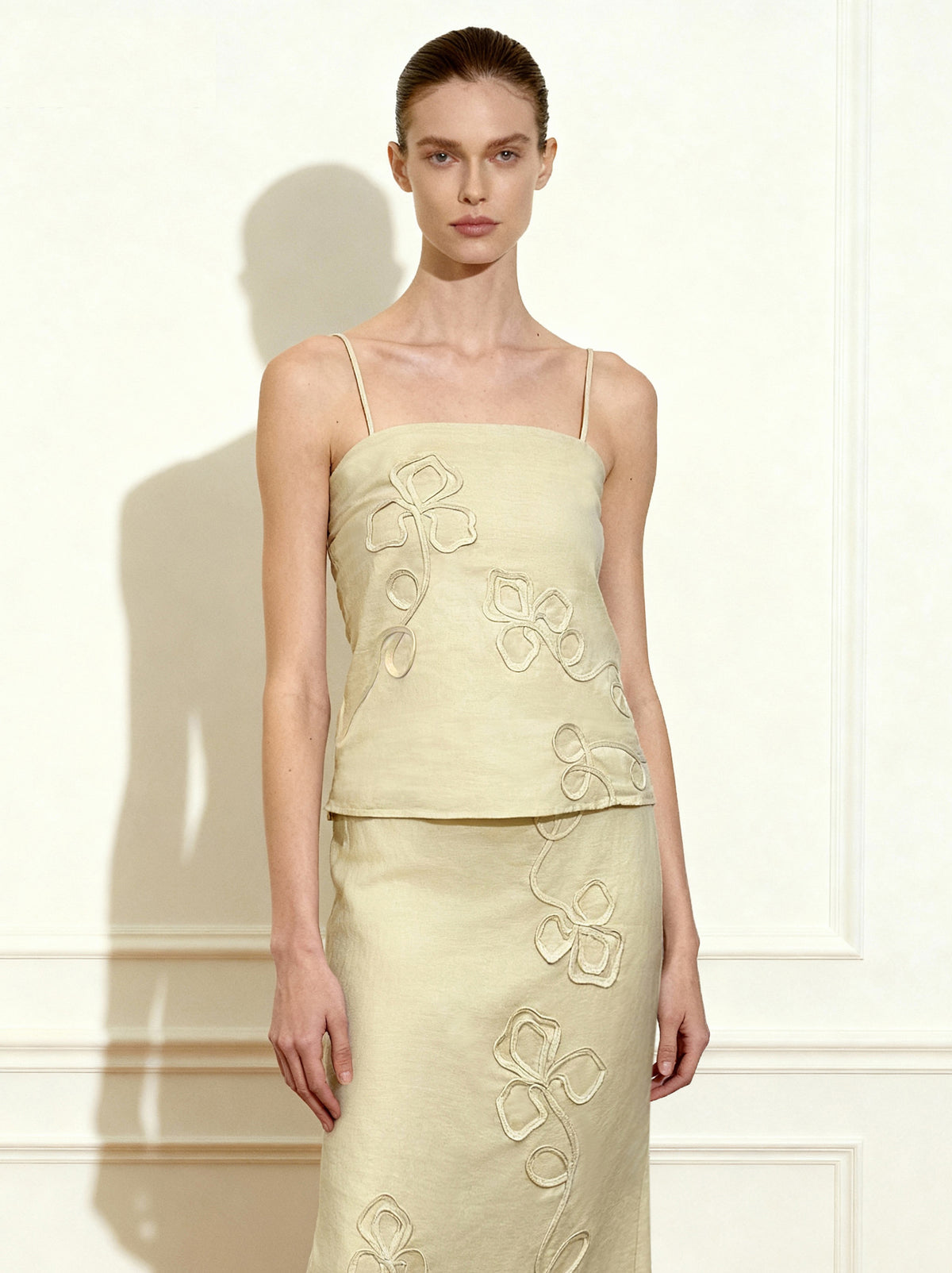Linen Corded Embroidery Strappy Camisole - Natural - view 1