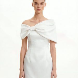 Satin Asymmetric Bow Mini Dress - White - view 1