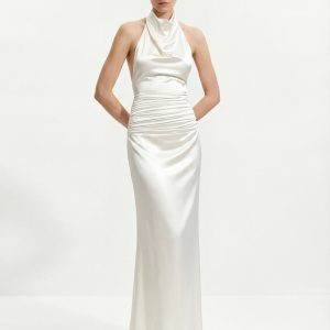 Satin Cowl Neck Ruched Maxi Gown - White - view 1