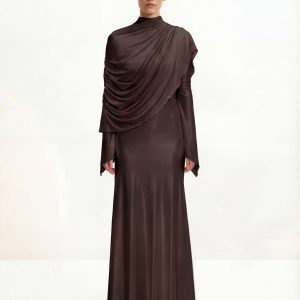 Sheer Shawl Ruched Bodycon Maxi Gown - Brown - view 1