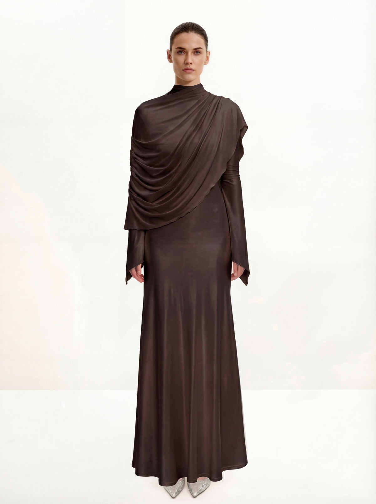 Sheer Shawl Ruched Bodycon Maxi Gown - Brown - view 1