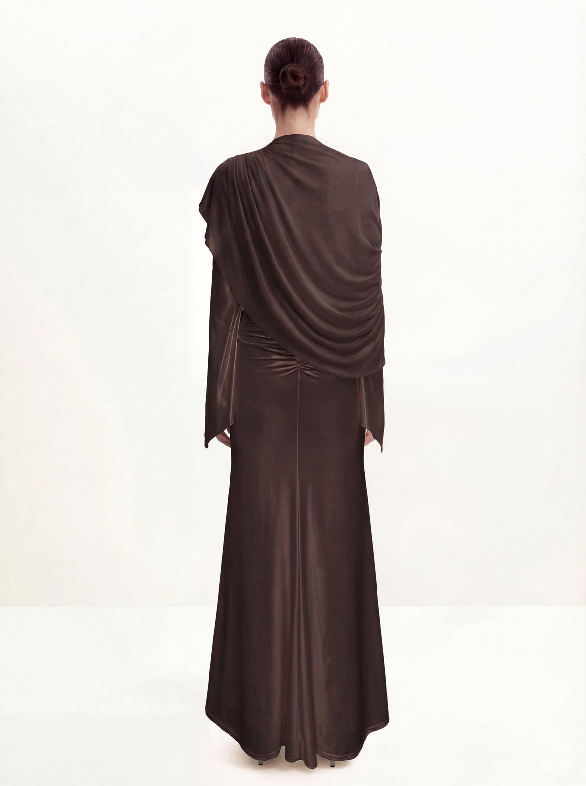 Sheer Shawl Ruched Bodycon Maxi Gown - Brown - view 2