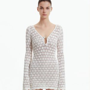 Pointelle Knit Keyhole Mini Dress - White - view 1