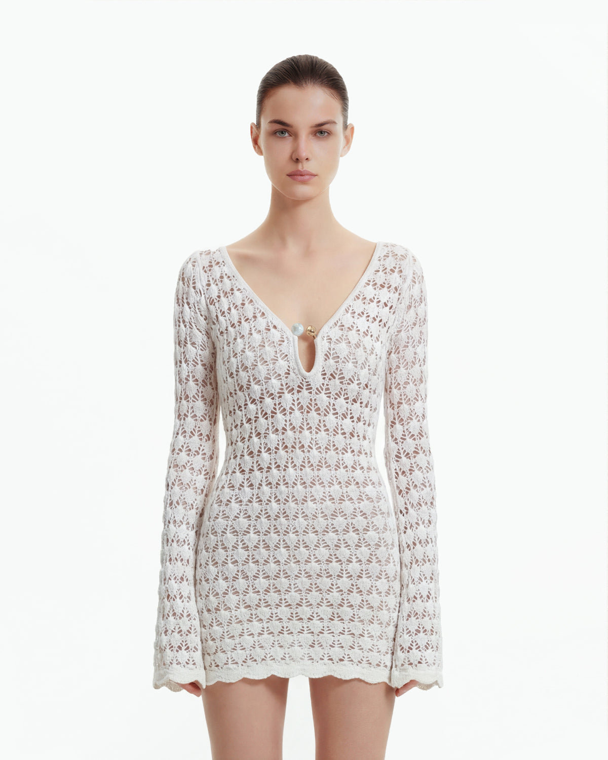 Pointelle Knit Keyhole Mini Dress - White - view 1