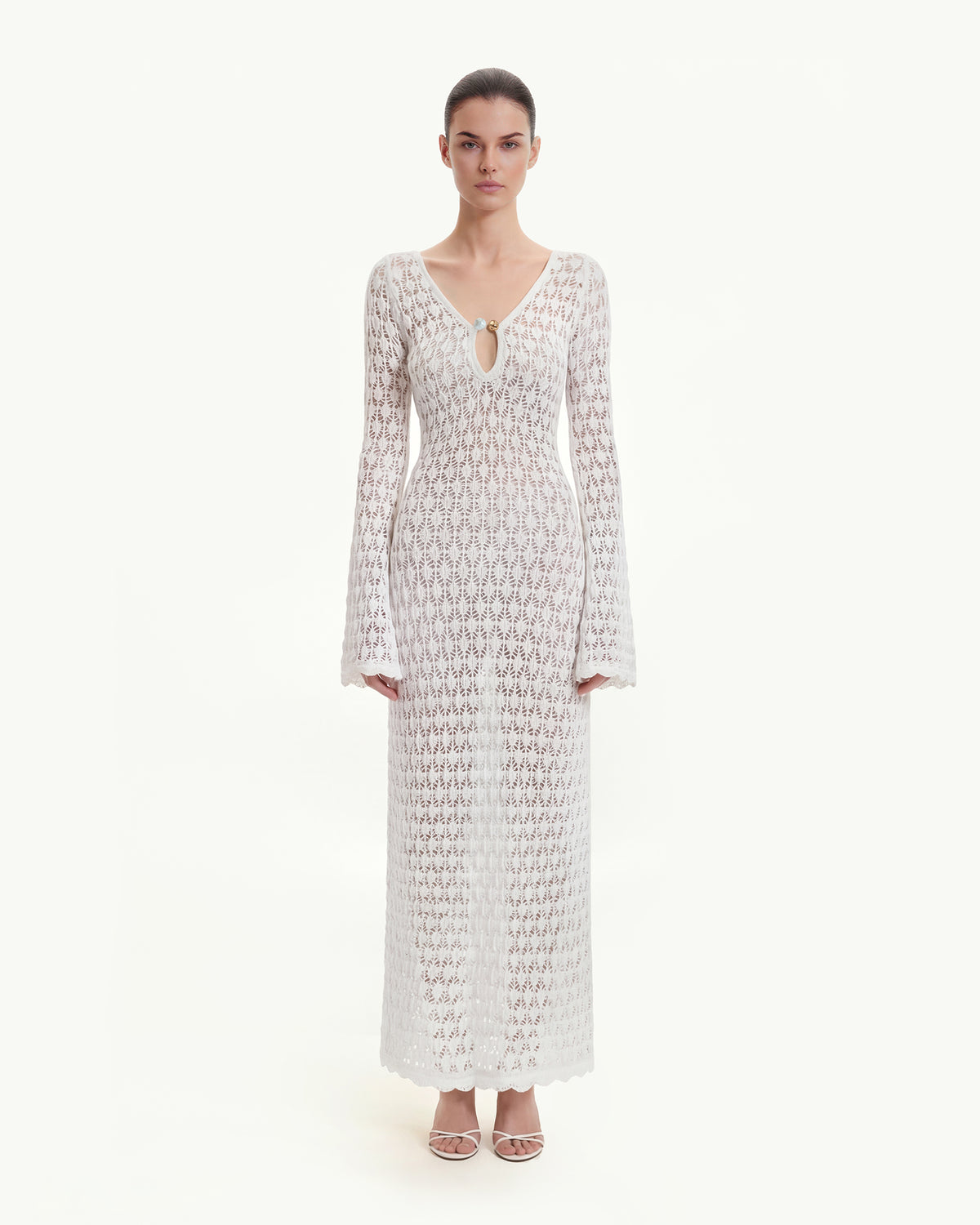 Pointelle Knit Keyhole Maxi Dress - White - view 1