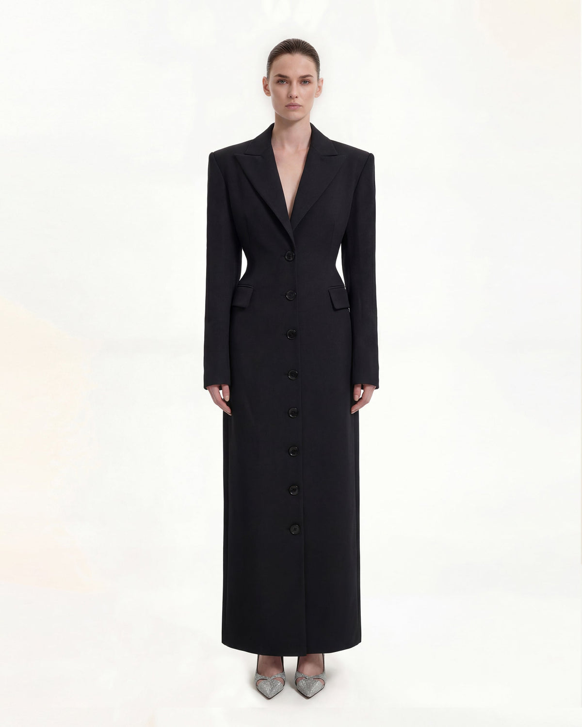 Structured Shoulder Fitted Lapel Maxi Coat - Black - view 1