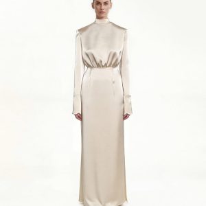 Structured Shoulder Design Satin High-Neck Fitted Maxi Dress - Cream - view 1
