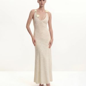 Textured Knit Halter Maxi Dress - Cream - view 1
