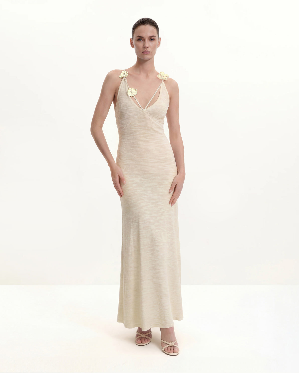 Textured Knit Halter Maxi Dress - Cream - view 1