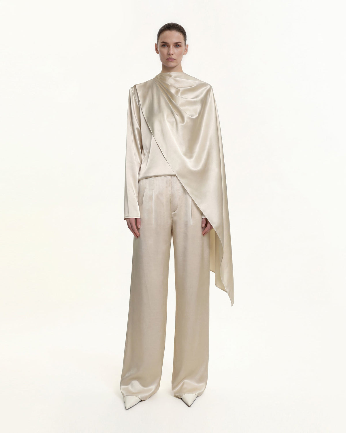 Asymmetric Drape High-Neck Cape Top - Cream - view 1