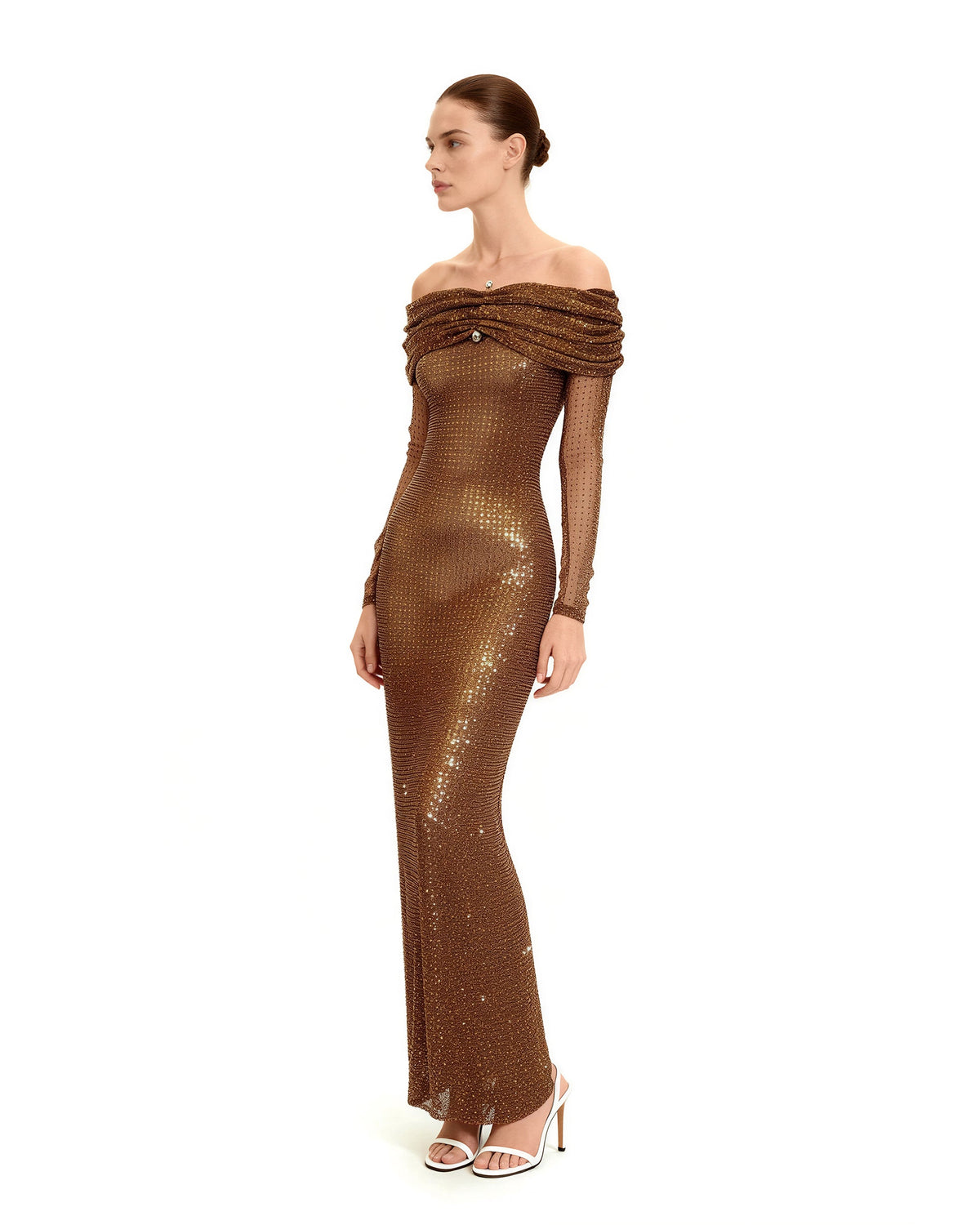Rhinestone Mesh Off-Shoulder Maxi Dress - Brown - view 2