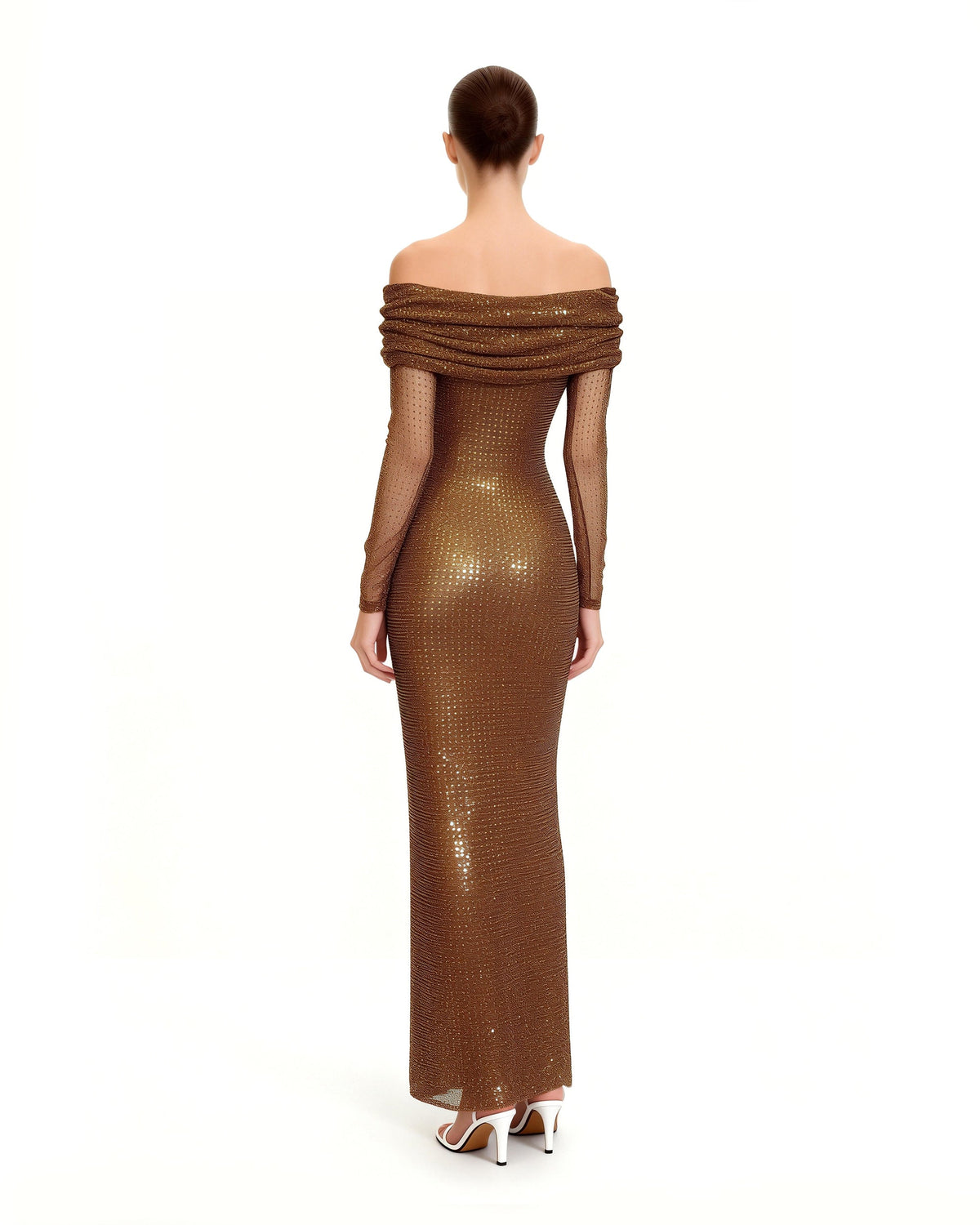 Rhinestone Mesh Off-Shoulder Maxi Dress - Brown - view 3
