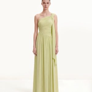Ruched One-Shoulder Maxi Dress with Trailing Sash - Green - view 1