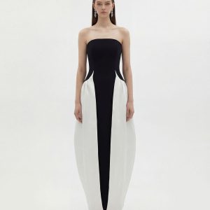 Monochrome Paneled Strapless Sculptural Maxi Dress - Black - view 1
