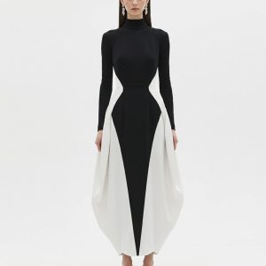 Monochrome Paneled Long-Sleeve Maxi Dress - Black - view 1