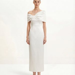 Satin Asymmetric Bow Maxi Dress - White - view 1