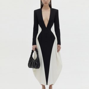 Monochrome Paneled Plunging V-Neck Long-Sleeve Maxi Dress - Black - view 1