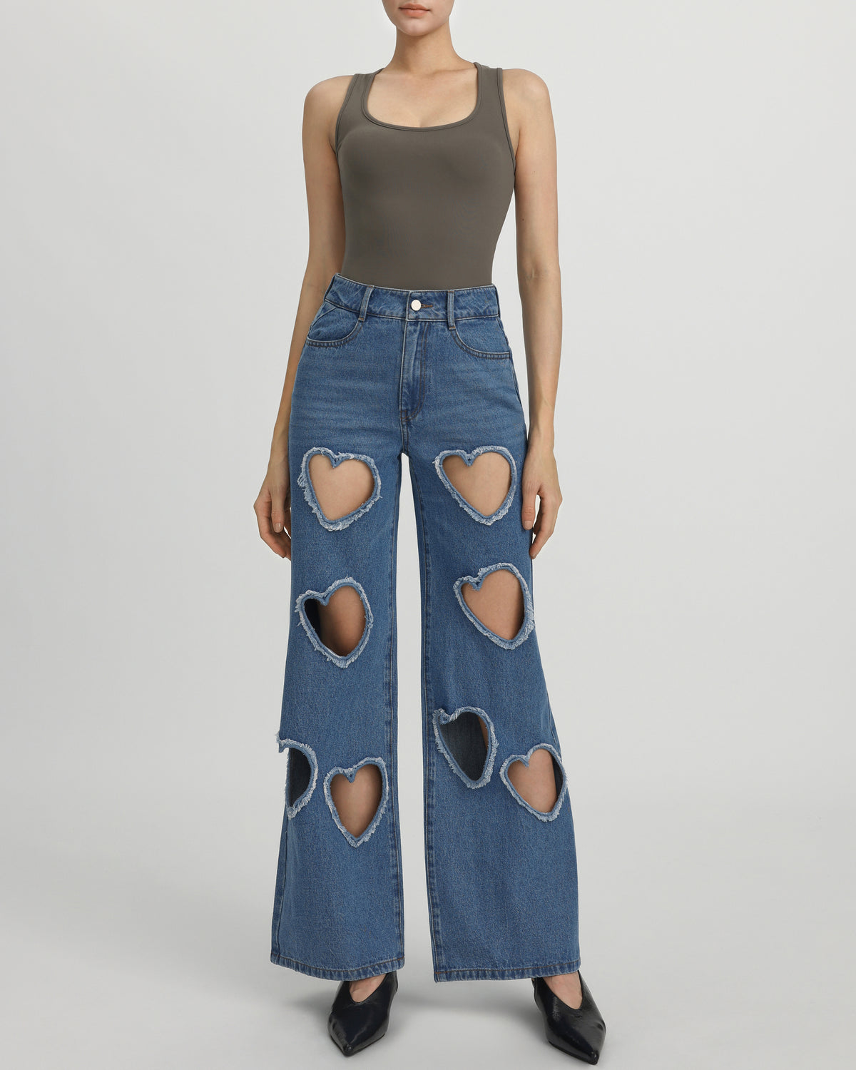 Sophia Embellished Heart Cut-Out Denim Jeans - Medium Blue - view 1