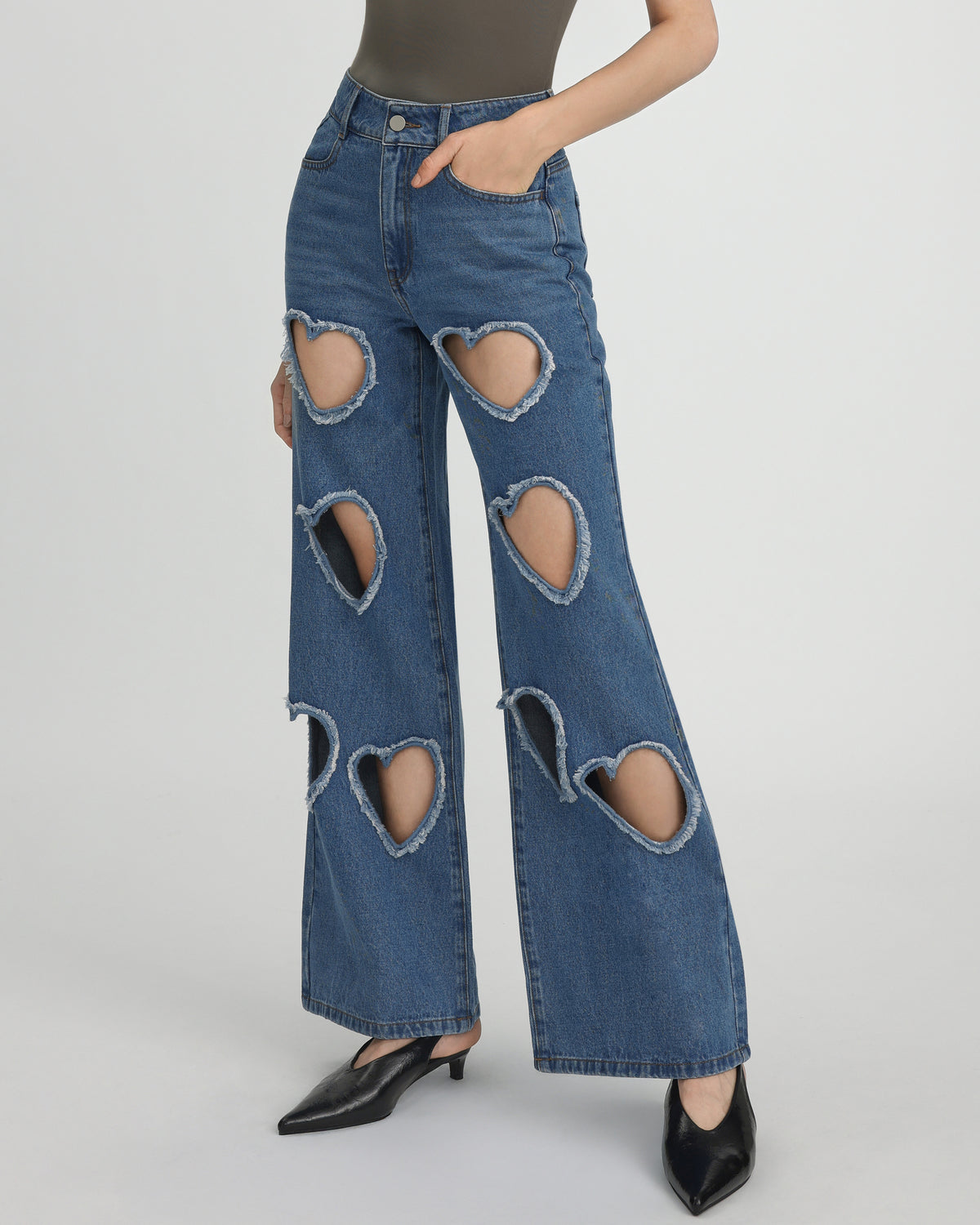 Sophia Embellished Heart Cut-Out Denim Jeans - Medium Blue - view 3