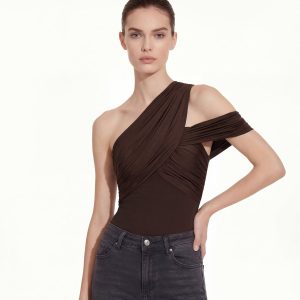 Ruched Asymmetric One-Shoulder Top - Brown - view 1