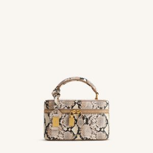Cleo Snake-Embossed Box Shape Top Handle Bag - Beige - view 1