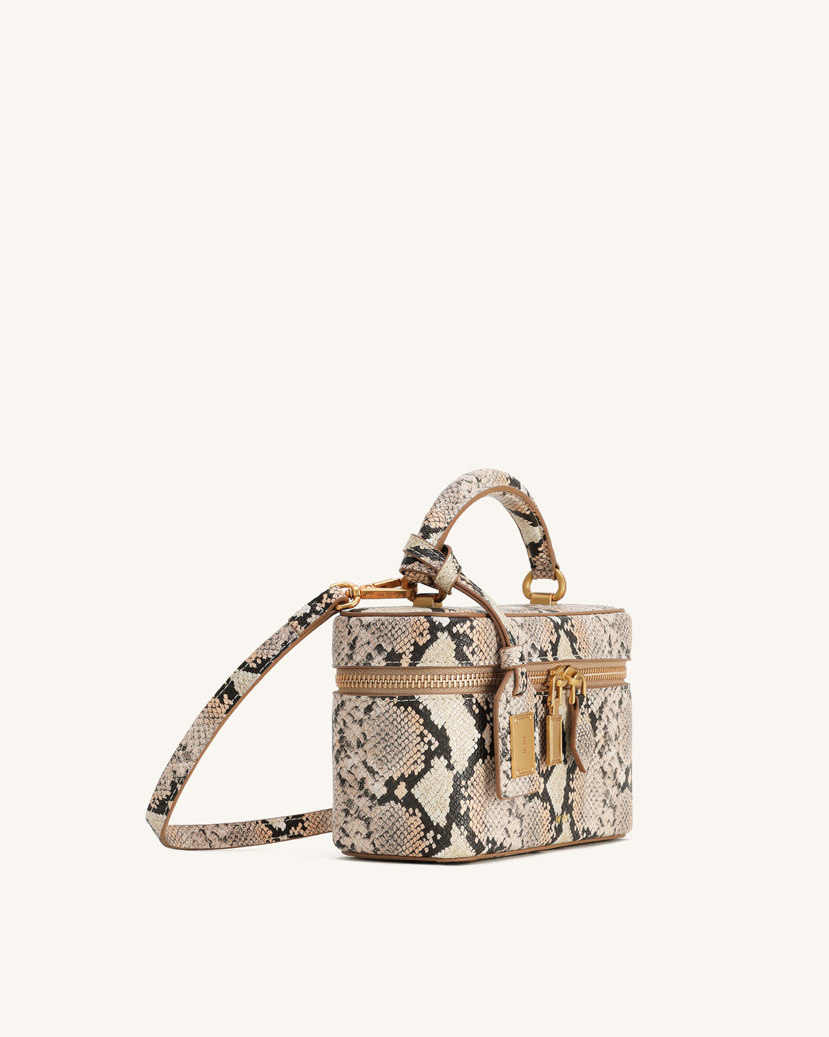 Cleo Snake-Embossed Box Shape Top Handle Bag - Beige - view 2