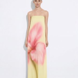 Watercolor Floral Print Strapless Maxi Dress - Yellow - view 1