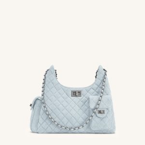 Vivian Faux Suede Quilted Shoulder Bag - Light Blue