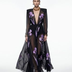 Iris Floral Print Long-Sleeve Sheer Gown - Black/Purple - view 1