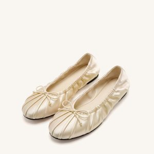 Solenne Ruched Drawstring Satin Ballet Flats - Beige - view 1