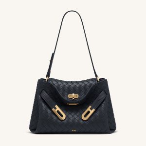 Rhea Woven Texture Double Buckle Shoulder Bag - Navy Blue