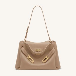 Rhea Pebbled Double Buckle Shoulder Bag - Khaki