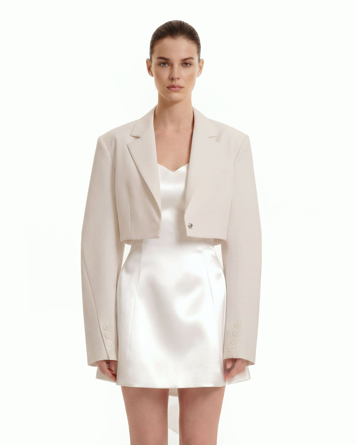 Structured Power-Shoulder Cropped Blazer - Beige - view 1