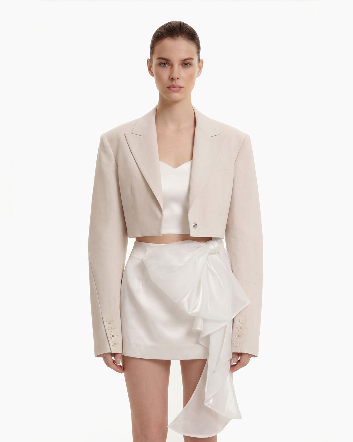 Structured Power-Shoulder Cropped Blazer - Beige - view 3
