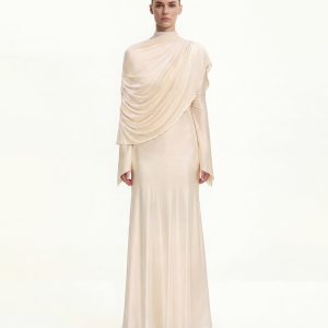 Sheer Shawl Ruched Bodycon Maxi Gown - Cream - view 1