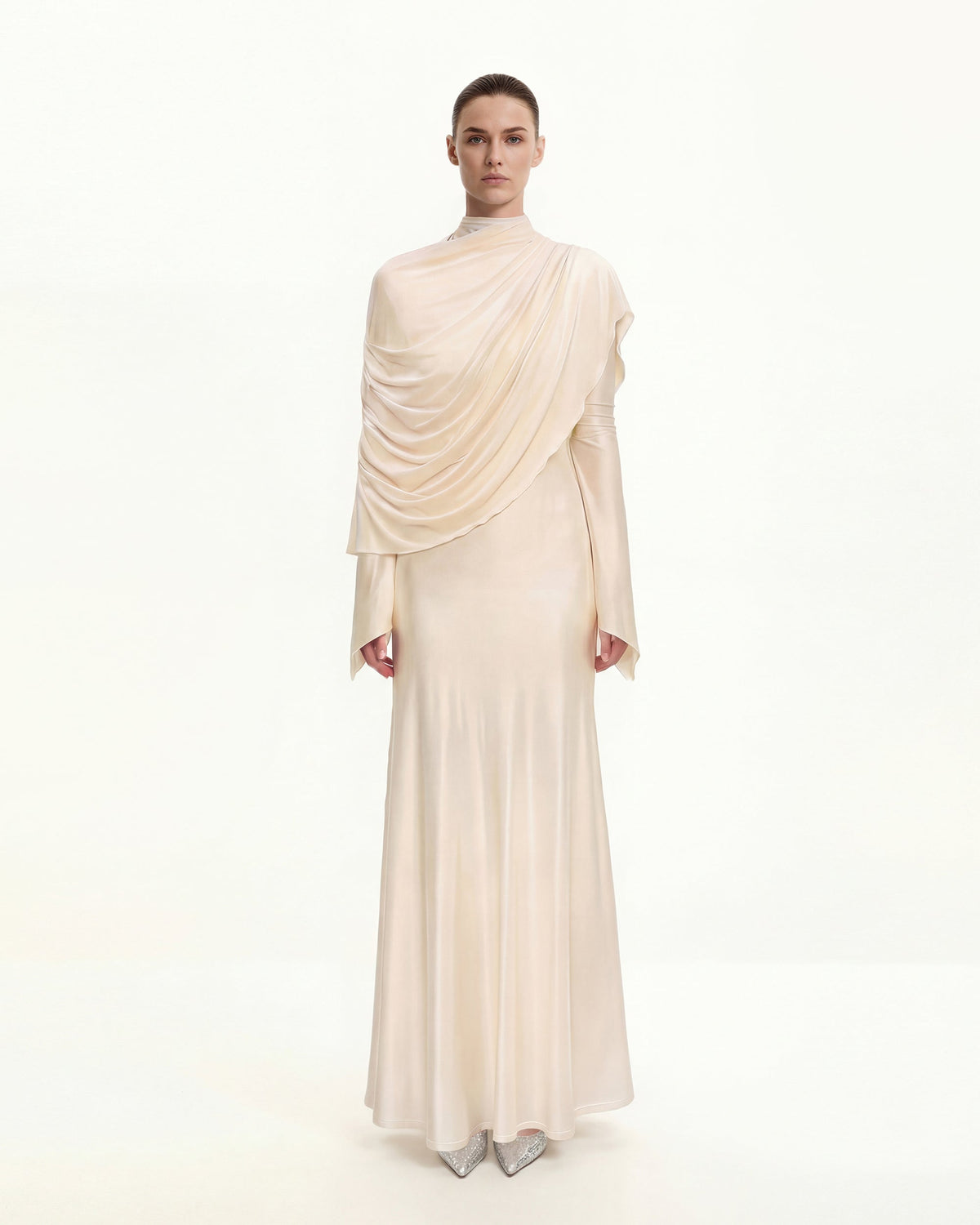 Sheer Shawl Ruched Bodycon Maxi Gown - Cream - view 1
