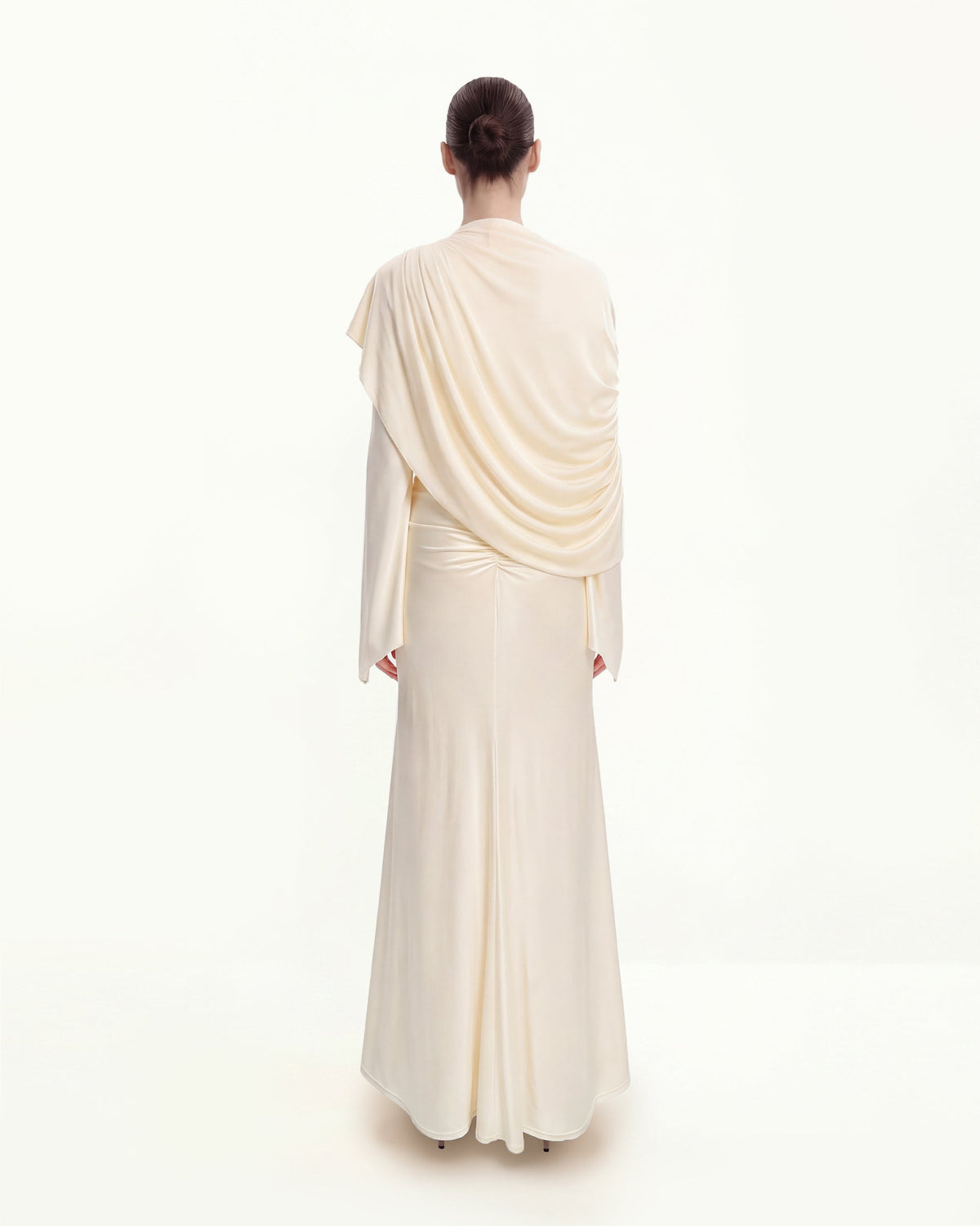 Sheer Shawl Ruched Bodycon Maxi Gown - Cream - view 2
