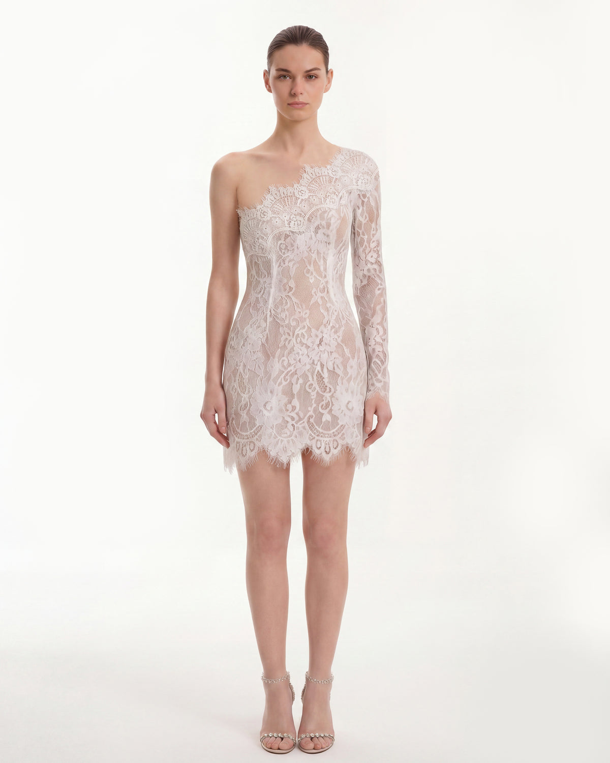 One Shoulder Lace Mini Dress - White - view 1