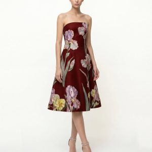 Iris Floral Print Strapless A-Line Dress - Burgundy - view 1