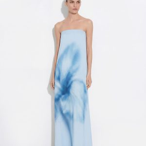 Watercolor Floral Print Strapless Maxi Dress - Blue - view 1