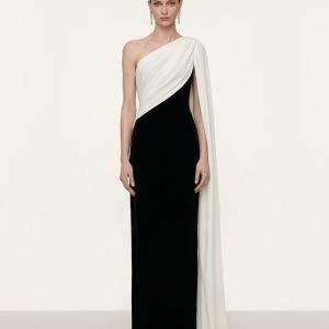 One Shoulder Draped Maxi Dress - Black White - view 1