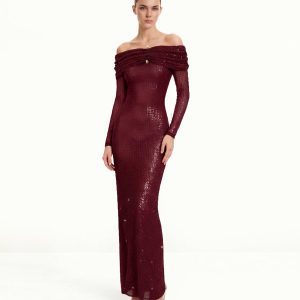Rhinestone Mesh Off-Shoulder Maxi Dress - Claret - view 1
