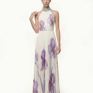 Jeweled-neck Halter Pleated Iris Print Maxi Dress - White/Purple - view 1