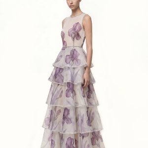 Jeweled-Trim Tiered Iris Print Organza Maxi Dress - White/Purple - view 1