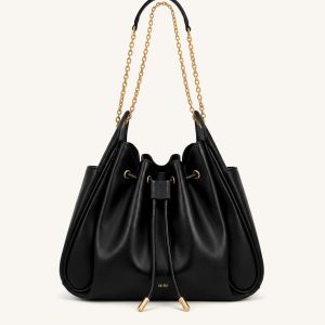 Rowan Ruched Drawstring Chain Bucket Bag - Black - view 1