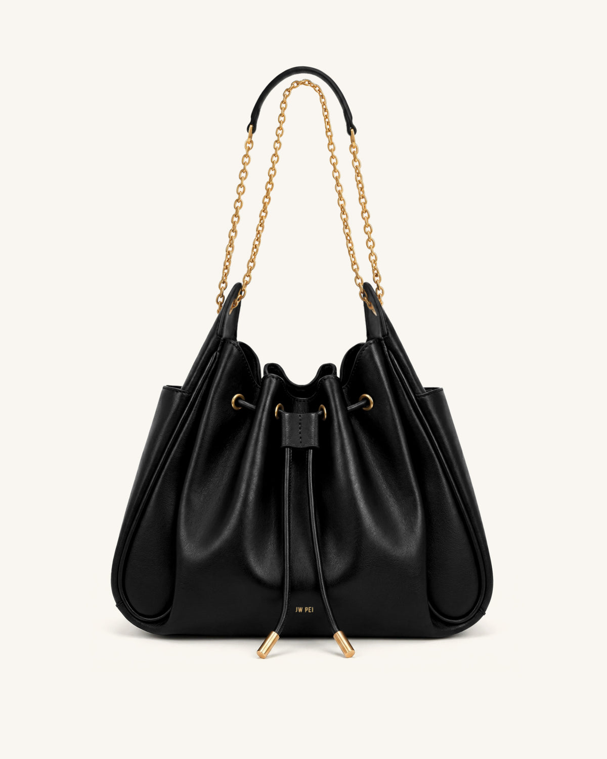 Rowan Ruched Drawstring Chain Bucket Bag - Black - view 1